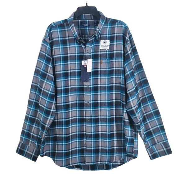 IZOD Shirt Mens XL Blue Gray Flannel Plaid Button LS Quick Dry Wicking NWT - Picture 5 of 11